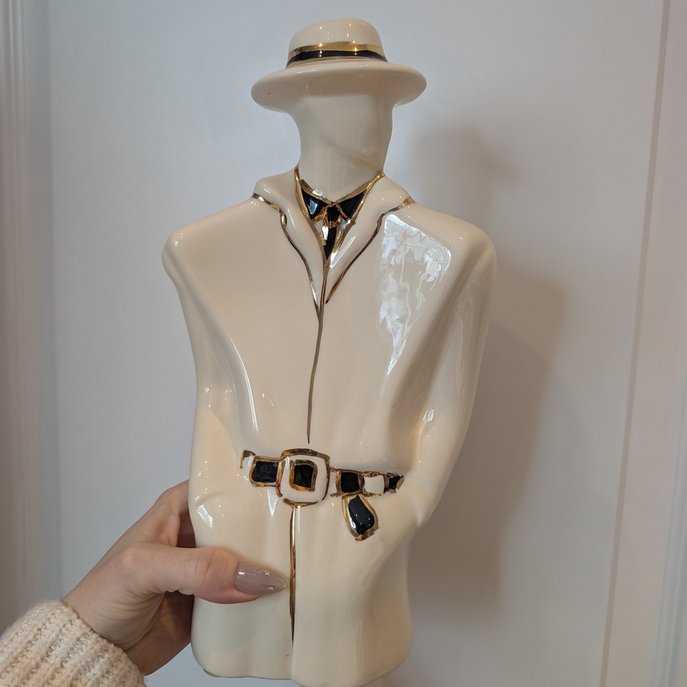 Cream Ceramic Man Figurine with Hat and Gold Accents